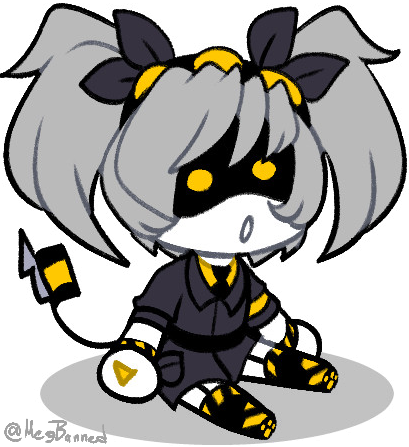 A drawing of a sitting J plushie. She is in her usual outfit of a black suit with a black skirt, and pigtails. Her mouth is open in an O expression.